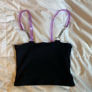 Emma & Sam women’s cropped tank top - chain straps w/purple see through accents